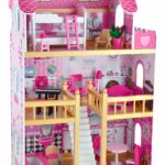 بيت دمى خشبي للبنات - 3 طوابق بتصميم وردي أنيق