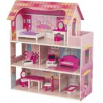 بيت دمى خشبي للبنات - 3 طوابق مع أثاث ملون
