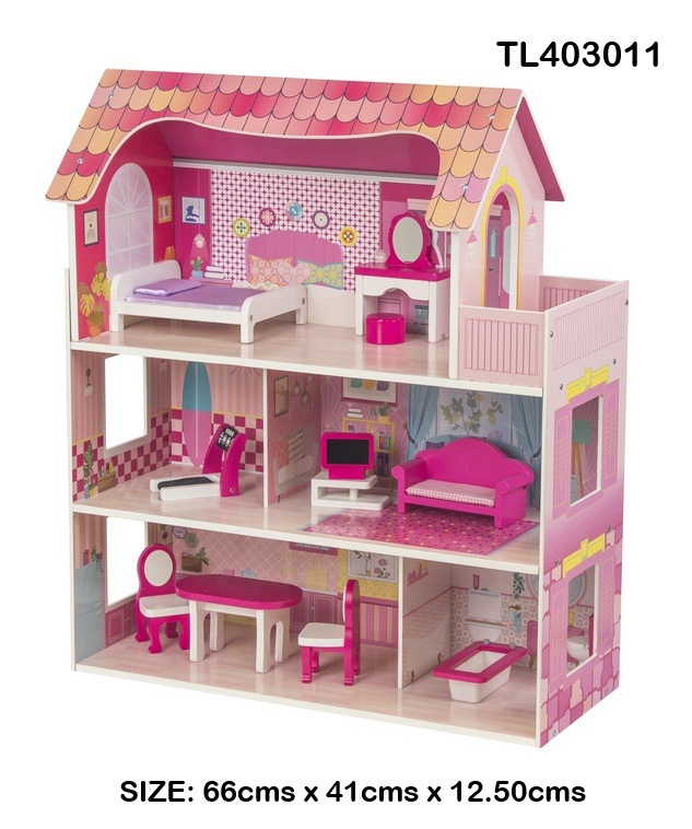 6fb56f3f-b14c-4073-844e-45a5e52a1af3 بيت دمى خشبي للبنات - 3 طوابق مع أثاث ملون - الصورة 1
