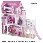 بيت دمى خشبي للبنات مع شرفة منزلقة – تصميم فاخر 3 طوابق