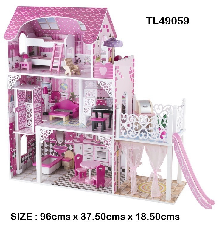 c477d132-29ca-470d-b6ef-e253ea885d72 بيت دمى خشبي للبنات مع شرفة منزلقة – تصميم فاخر 3 طوابق - الصورة 1